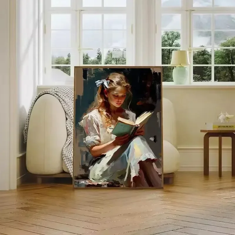 Vintage Read Elegant Girl Book Lovers Poster Women Portrait Oil Painting on Canvas Painting Wall Art Picture for Room Home Decor