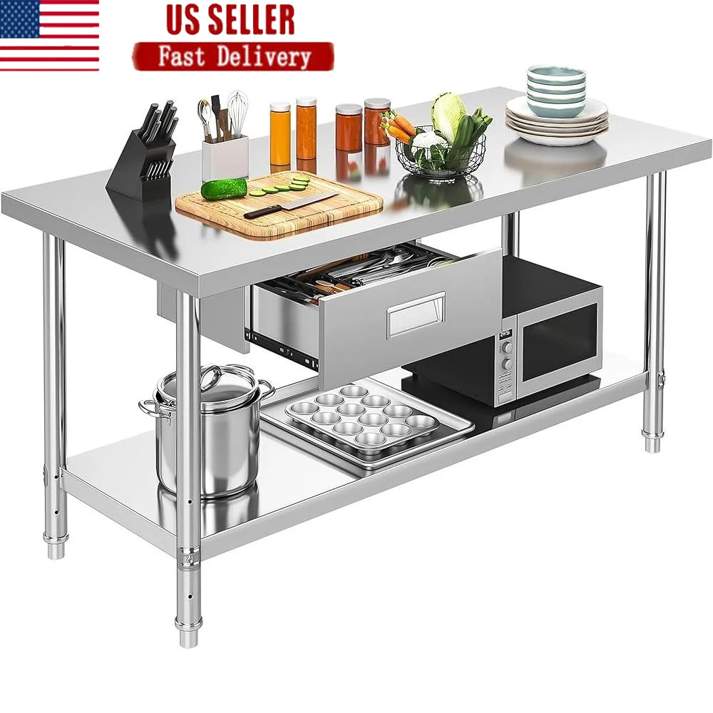 

NSF Stainless Steel Work Table with Silent Drawers Adjustable Undershelf Metal Prep Table Kitchen Garage Restaurant Use