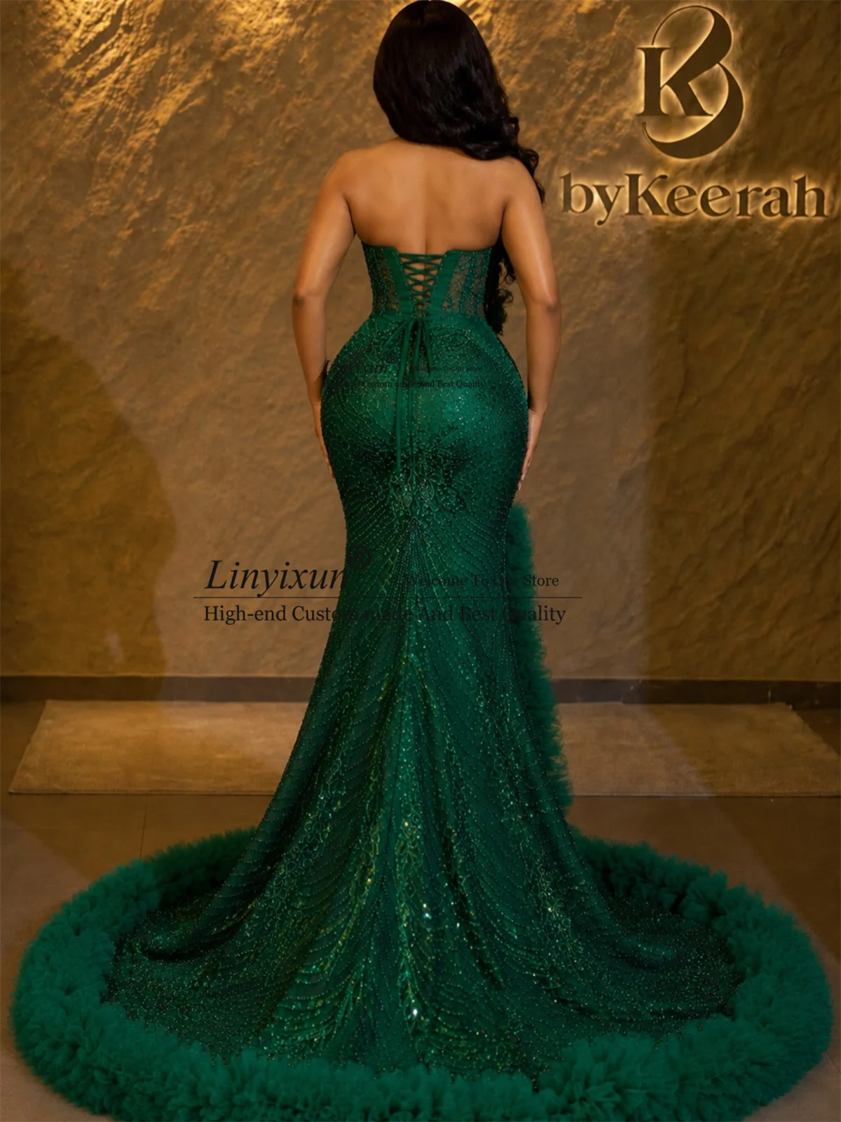 Sexy 3D Floars Mermaid Prom Dress Black Girls Diamond Crystal Evening Party Gown Customized Aso Ebi Birthday Slit Robe De Soiree