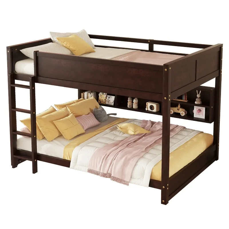 Dark solid wood bunk bed with storage bookshelf