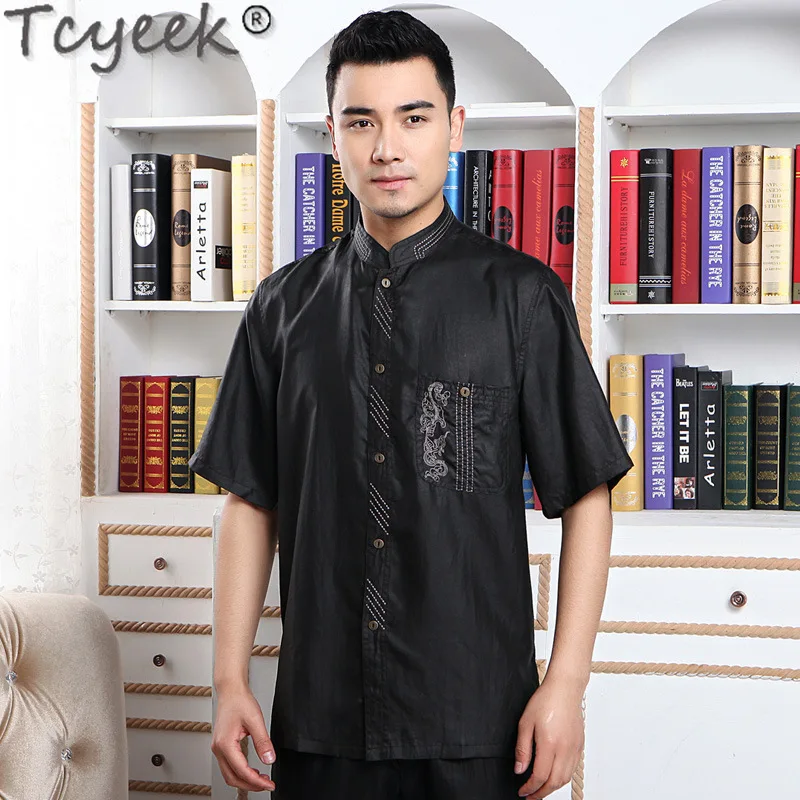 

Tcyeek 100% Mulberry Silk Mens Shirts Summer Short Sleeve Top Chinese Style Casual Shirt Men Stand Collar 2024 Camisa Masculina