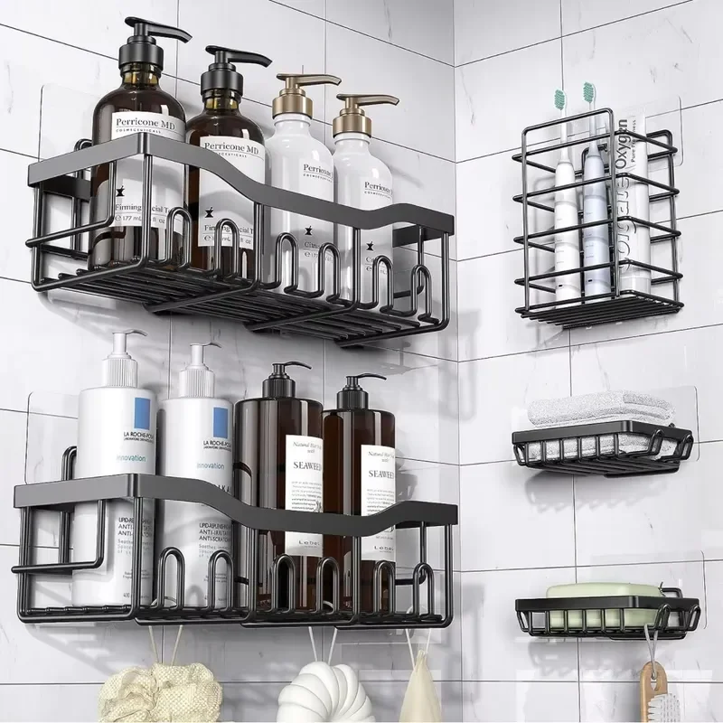 Wall Mounted Bathroom Storage Rack Iron Toilet Paper Holder Toothbrush Organizer No Drilling Required American Style
