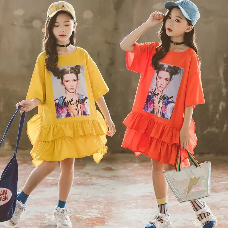 Kids Dresses for Girls Clothes Kids Costume Cartoon Print Ruffle 2026 Summer Teen Girls Children Princess Dress 12 13 14 Year