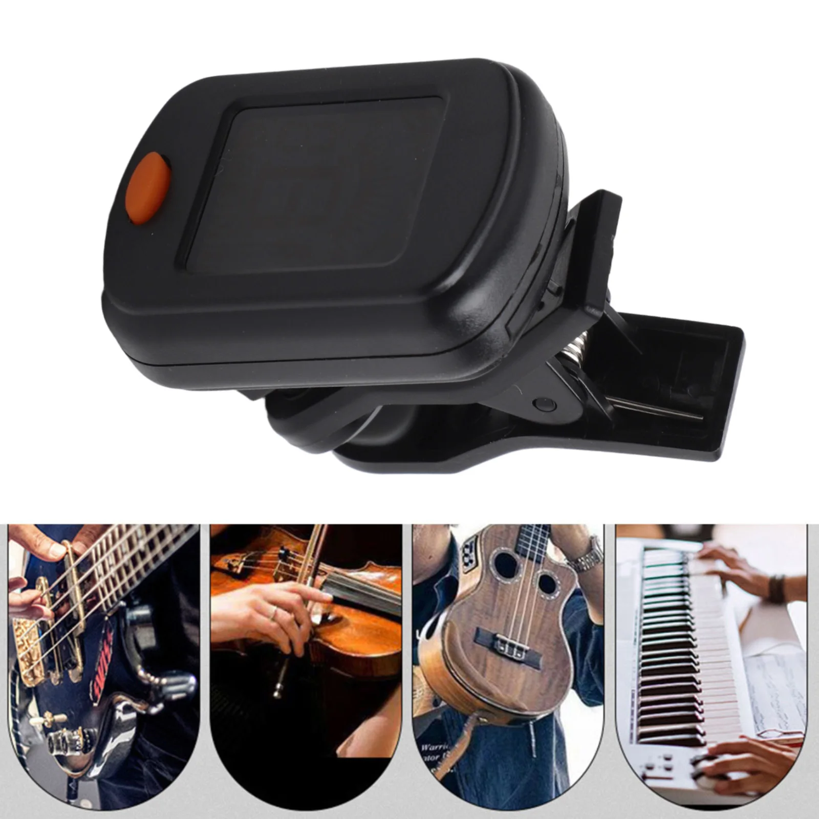 

Тюнер с клипсой, как показано в рисунке. Цифровой хроматический тюнер. Компактный размер. Легкое крепление. Режим внутреннего микрофона.