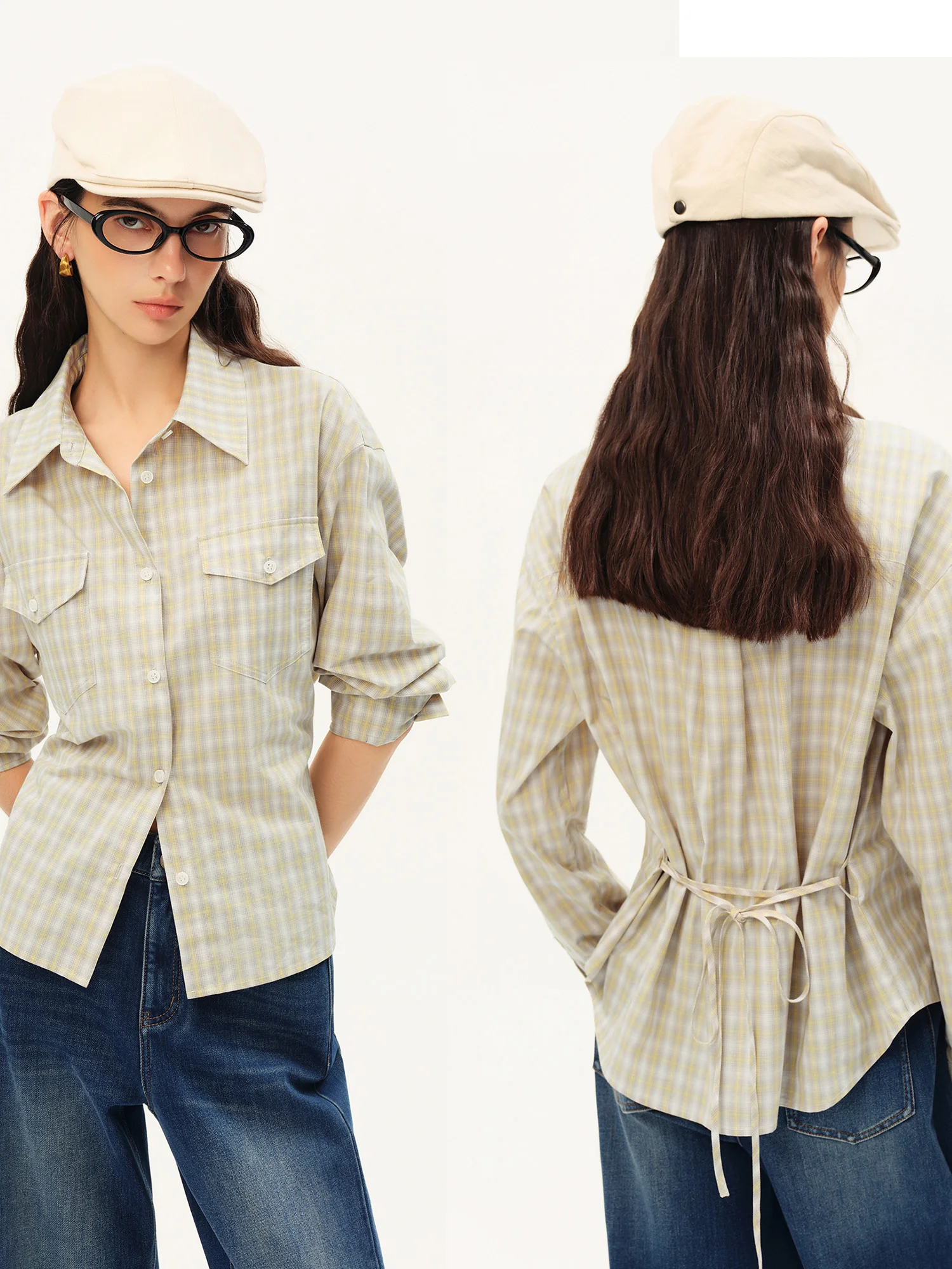ZIQIAO Women's 2026 Autumn New Gentle Retro Plaid Long Sleeve Shirt 100% Cotton Slim Waist Design Elegant Commute Style Top