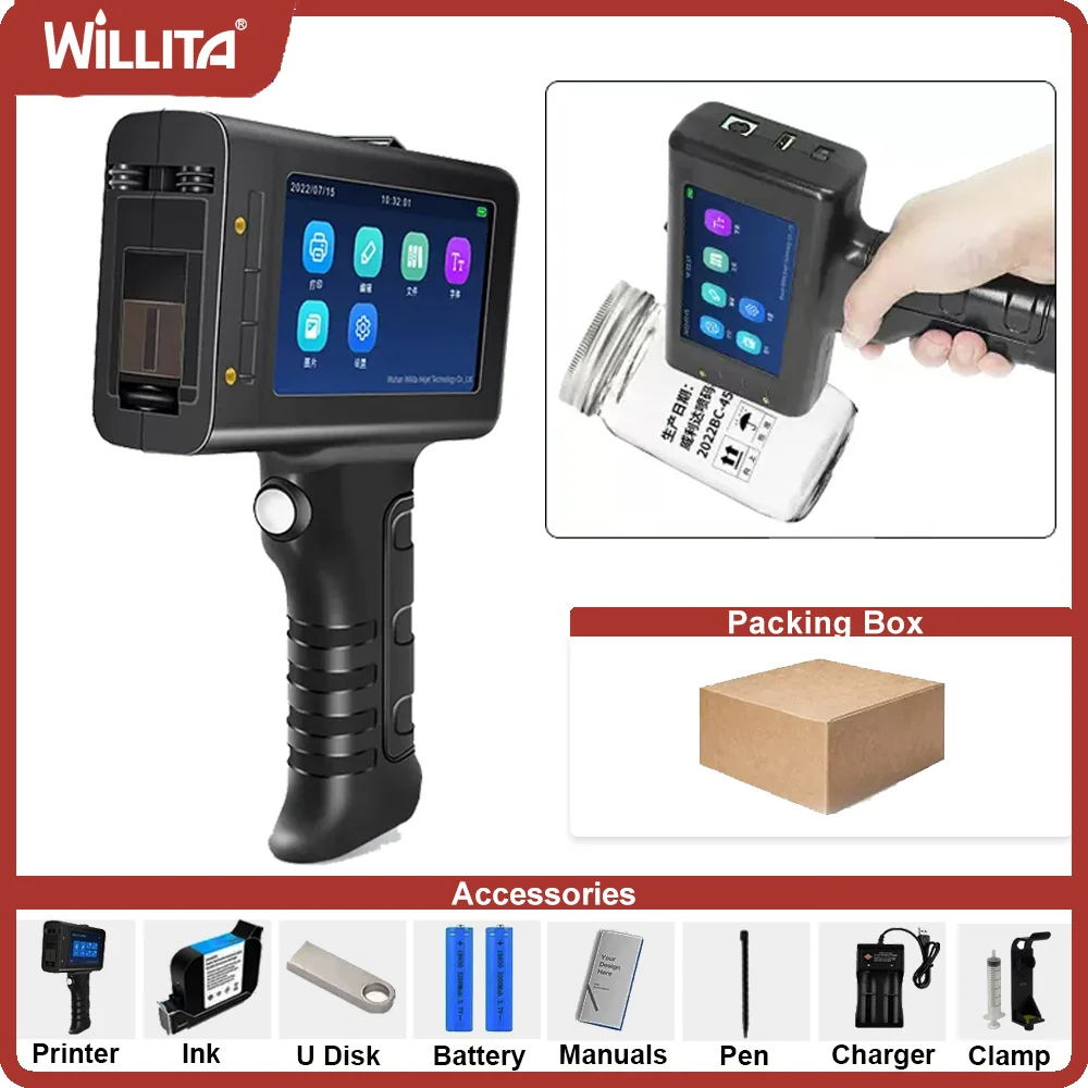 Willita 12.7 mm Impressora de Etiquetas Portátil qr Bar Código do Lote Data Número Logotipo Expiração Data Máquina de Codificação para Vidro
