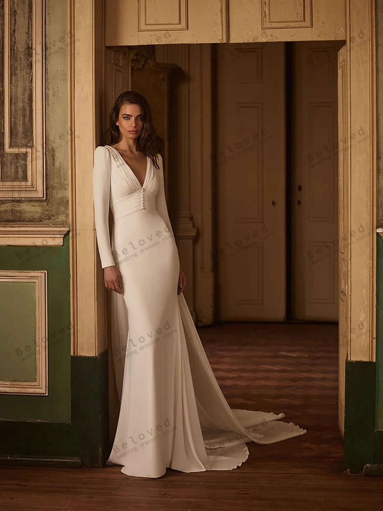 ชุดแต่งงานเรียบง่าย ผ้าซาติน ชุดเจ้าสาว แขนยาว คอวีลึก ทรงเมอร์เมด เปิดหลัง ทันสมัย ชุดแต่งงานแบบสั่งตัด