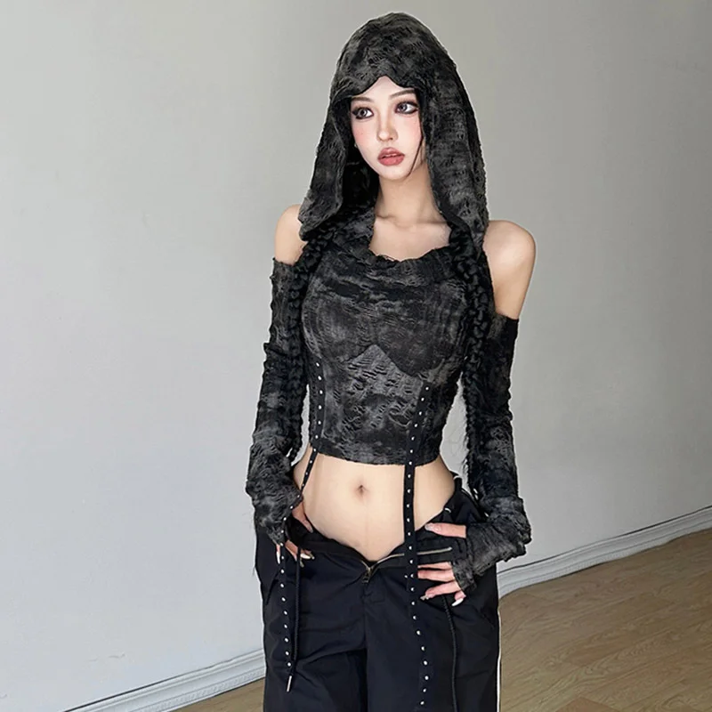 2024 New Waste Soil Style Handmade Hooded Strapless Long Sleeve T-shirt Female Thin Personality Short Tops Tees Odzież damska