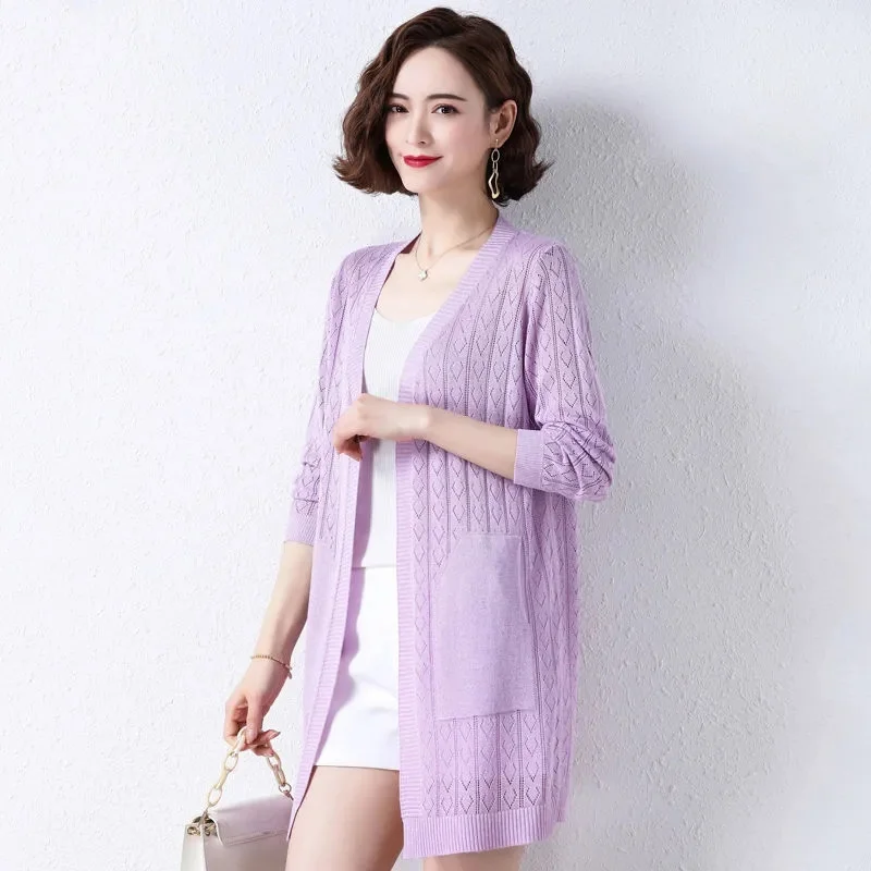 Ice Silk Sunscreens Female Knit Cardigan 2025 Spring Autumn Thin Summer Jacket Women Air Conditioning Shirt Sun Shawl Loose Coat