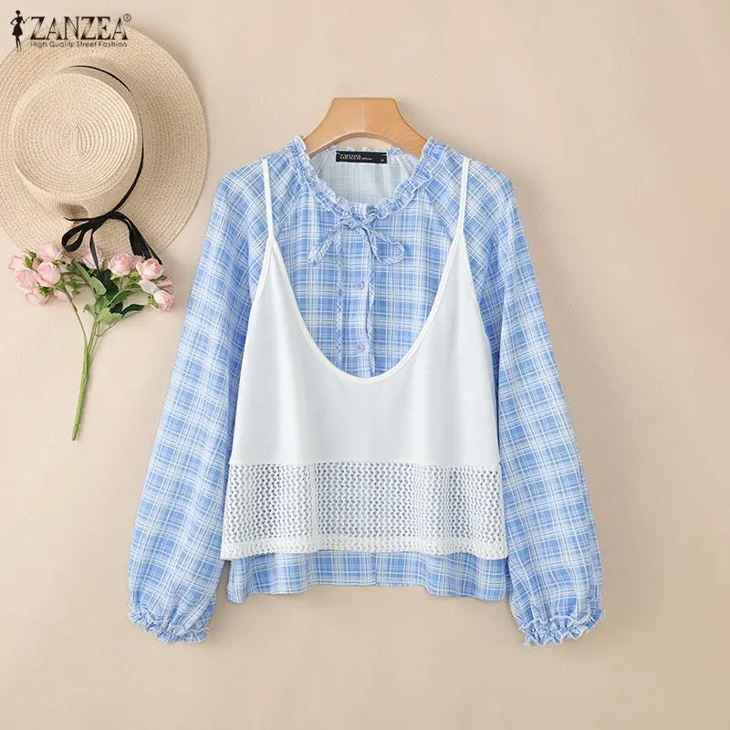 

Женские стильные блузки в клетку с элегантными оборками и шнуровкой, с круглым вырезом, длинными рукавами, ZANZEA 2026, весенняя коллекция, многослойный дизайн, женская одежда