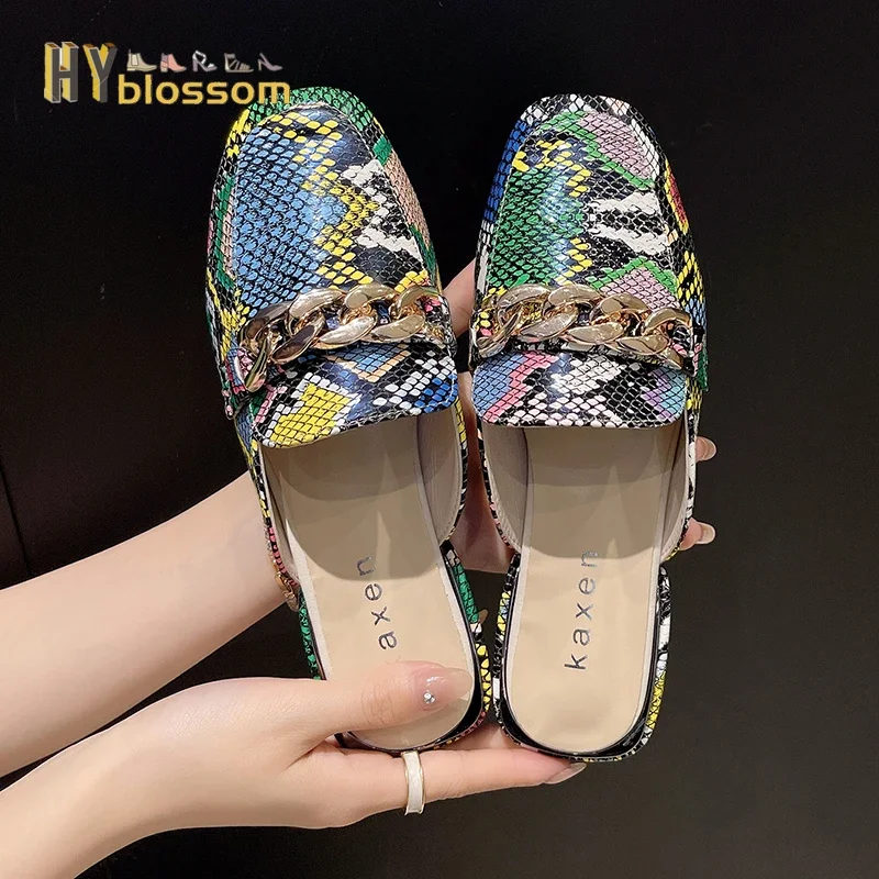 2022 Snake Prints Chain Mules Women Slides Square Toe Shoes Classic Fashion Footwear Plus Large Size 42 43 Slippers Women Shoes