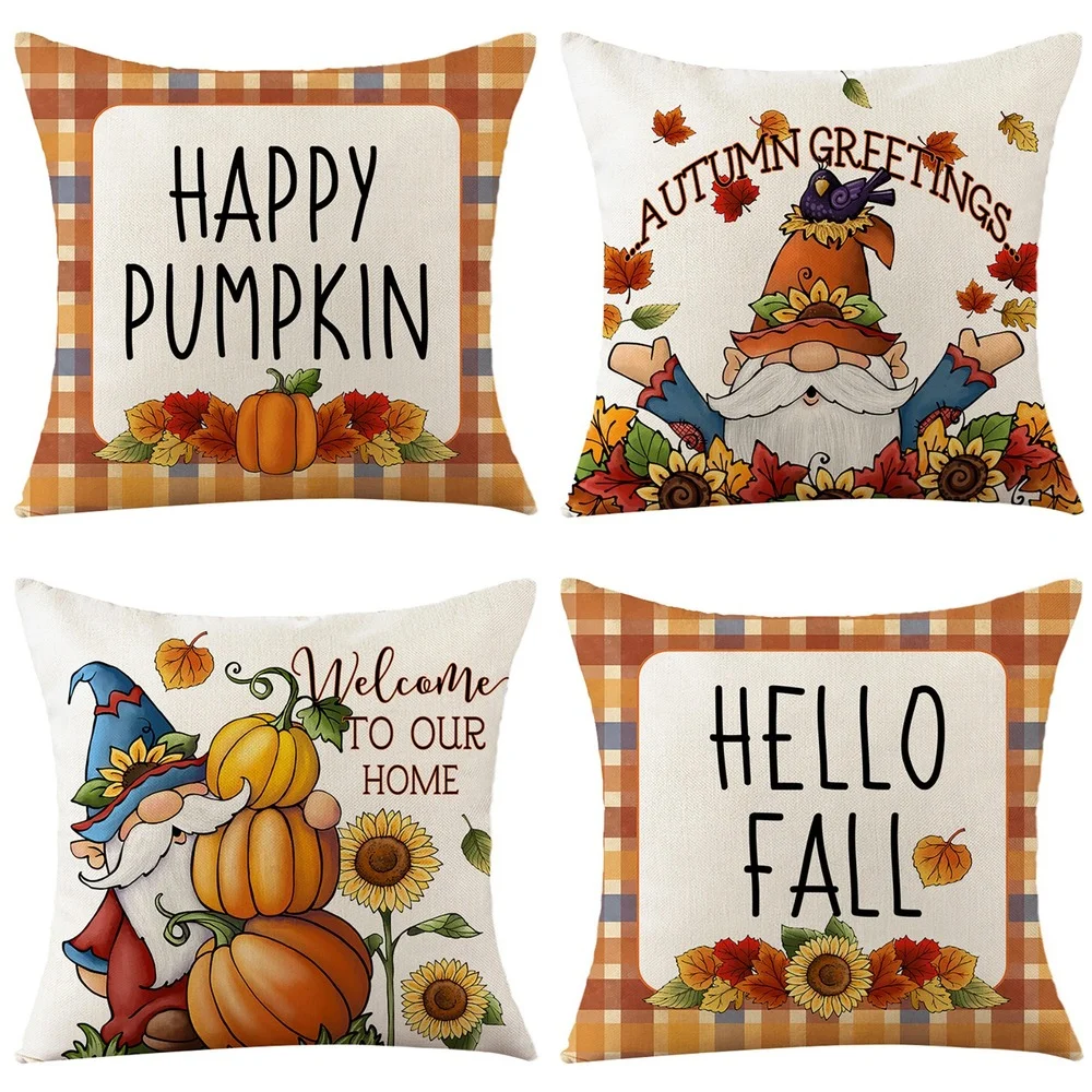 

2022 Thanksgiving Gifts Linen Cushion Cover Farmhouse Home Sofa Decor Throw Pillow Cover Pumpkin Maple Leaves Printed Pillowcase