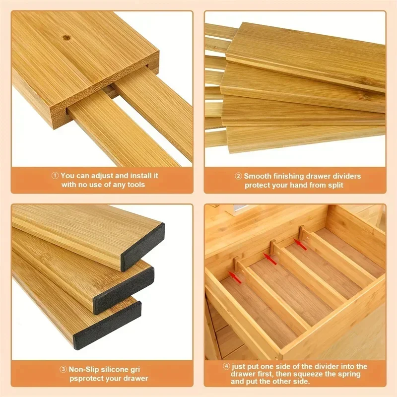 4pcs Bamboo Kitchen Drawer Dividers,Adjustable Drawer Organizers,Spring Loaded,Works in Kitchen,Dresser,Bathroom,Bedroom,Drawer