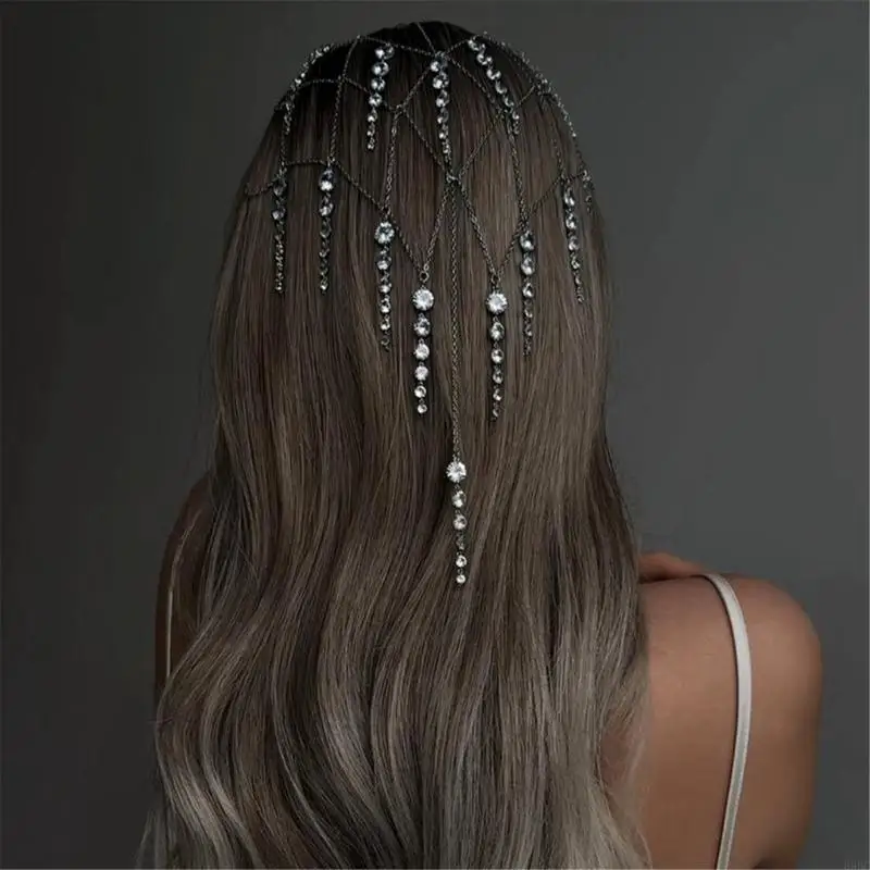 

39BC Women Rhinestones Tassels Headpiece Bohemian Tiaras Hair Chain for Wedding Party Flapper Flapper Costume Props Headwear