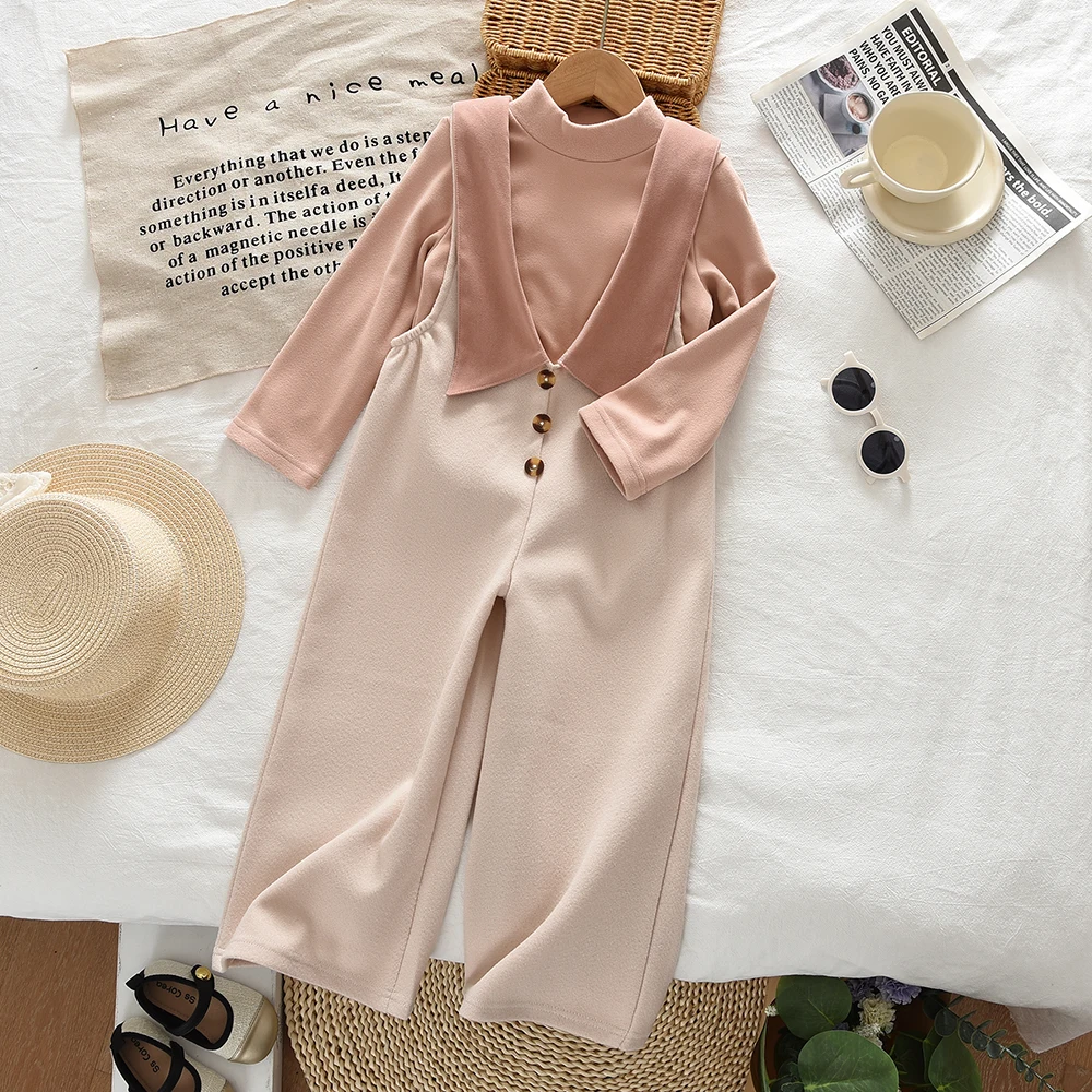 2026 Spring Korean Version Fashion Kids Clothes Girls Autumn Coffee Color Long Sleeved Base Shirt Top+Lapel Overalls Child Sets