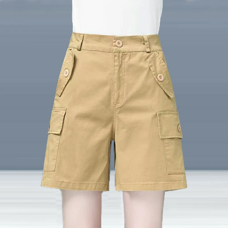 Women Clothes Pockets Buttons Streetwear Straight Cargo Short Pants Summer Fashion Casual Solid Cotton Shorts Pantalones Cortos