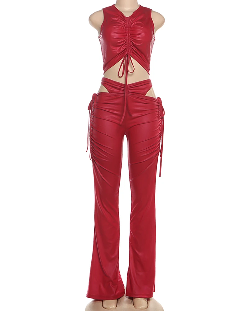 Cutenew Hollow PU Sexy Shirring Donna Lusso 2 pezzi Set Canotte a vita bassa + Pantaloni a vita alta Street Matching Clubwear Outfit