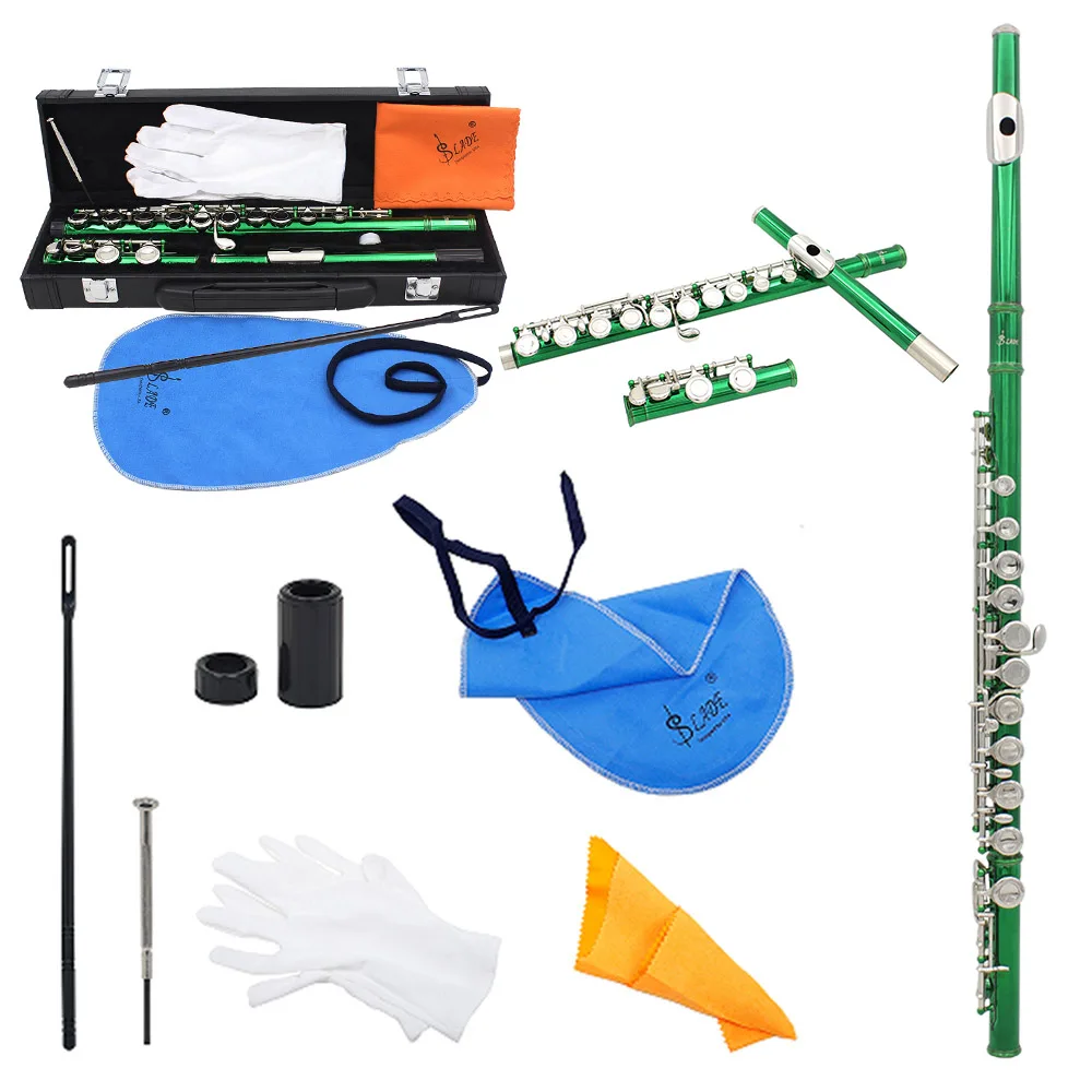 

SLADE 16 C-Slot Holes Flute Green Silver Key Flute Professional Beginner Student Flute with Box Gloves Cleaning Kit