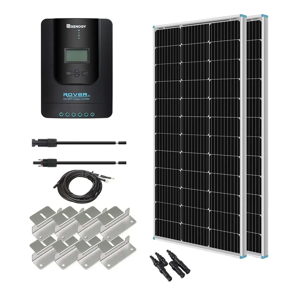 Renogy 200W 12V Monocrystalline Panel Starter 40A Rover MPPT Controller/Mounting Z Brackets/Tray Cable/Adaptor Kit