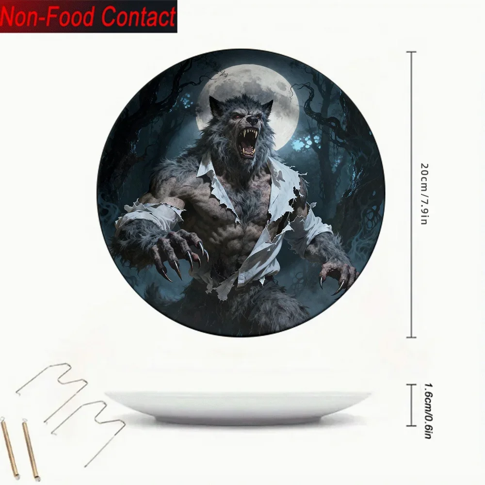 1pc Ceramic Decorative Plate - Wolf Night Forest Design, Non-Food Contact, Perfect for Home, Office, or Bedroom Decor, Ideal
