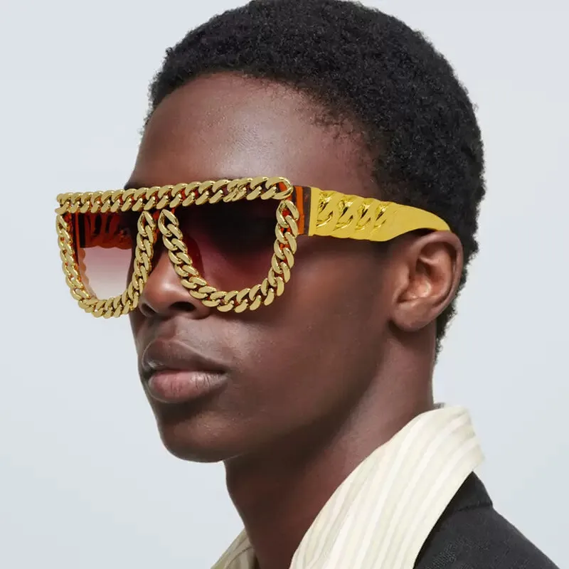 New Fashion Gold Chain Design Oversized Square Sunglasses Men Women Retro Exaggerated Punk Sun Glasses Beach Outdoor Party Shade