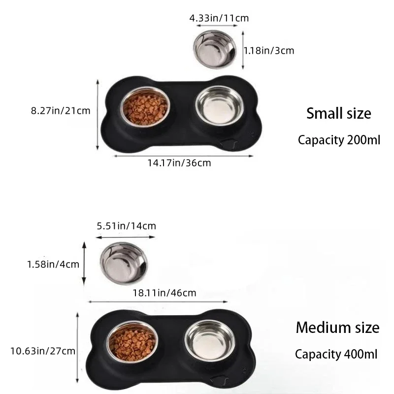 Silicone pet cat and dog bowl stainless steel double bowl anti-spill easy to clean for eating and drinking