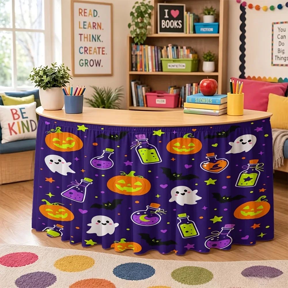Back-to-school season, a tablecloth, one-piece purple-bottomed pumpkin-shaped bottle and other printed elements.