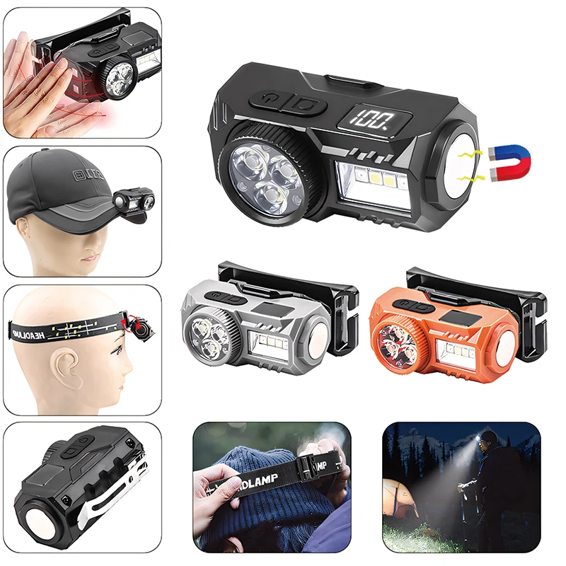 

LED Induction Headlight, Multi-light Source Running Light, Built-in Battery Digital Display Screen with Magnetic Attraction