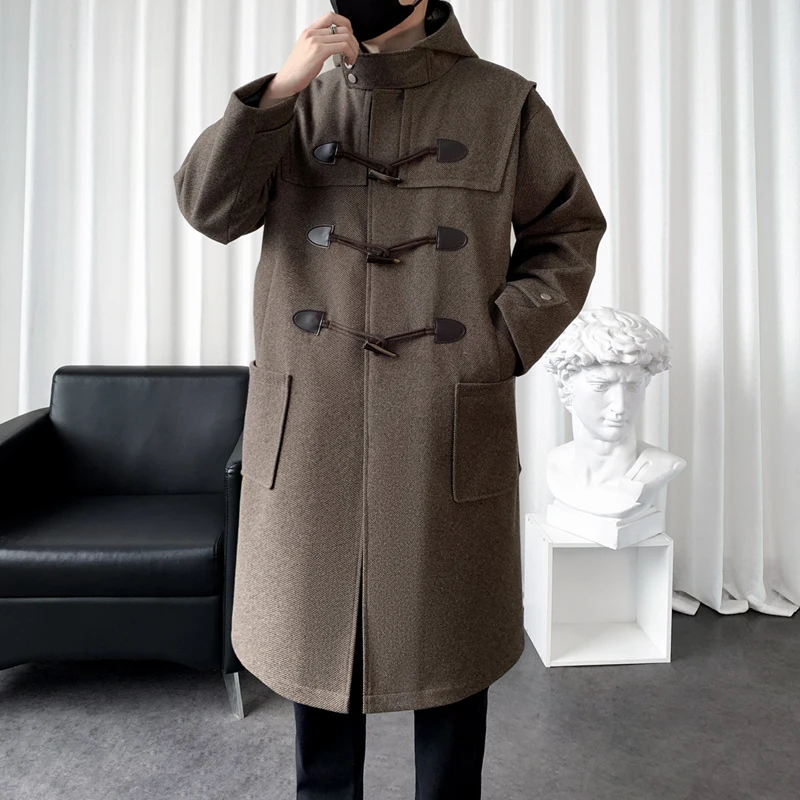 Mens Hooded Long Woolen Coats Oversized Solid Color Winter Windbreaker Korean Style Casual Trench Outwear Male Clothes