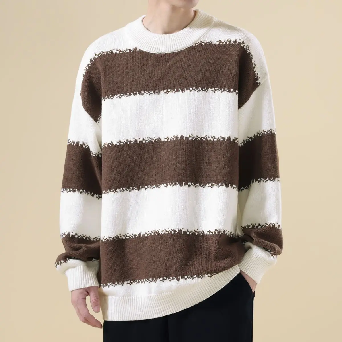 Sweater Rajut Pria Longgar Musim Gugur Musim Dingin Kerah Bulat Santai Thermal Motif Garis Kasual Nyaman Lembut Poliester