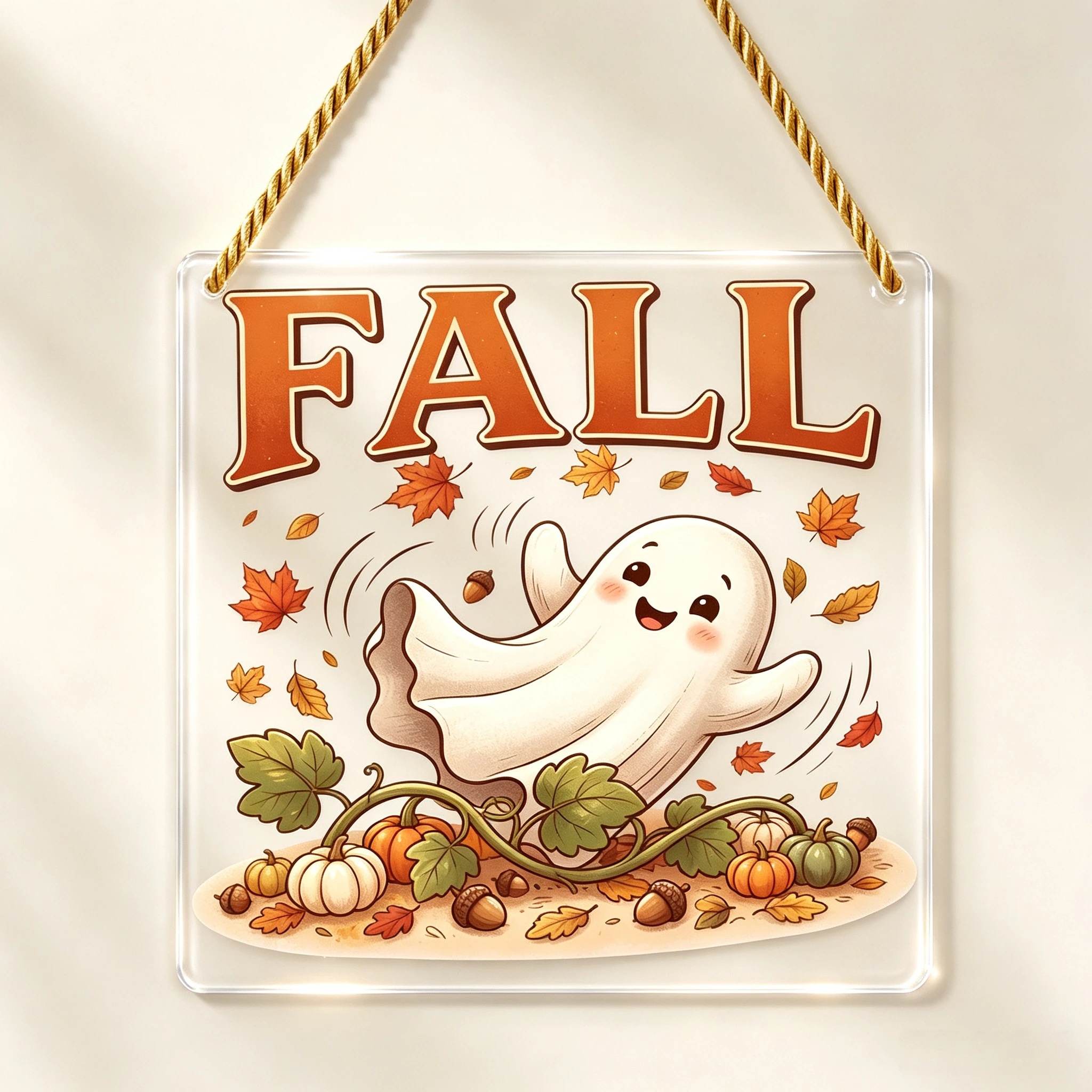Fall Cute Ghost Pumpkin Square Acrylic Hanging Sign, Autumn Wall Home Decor
