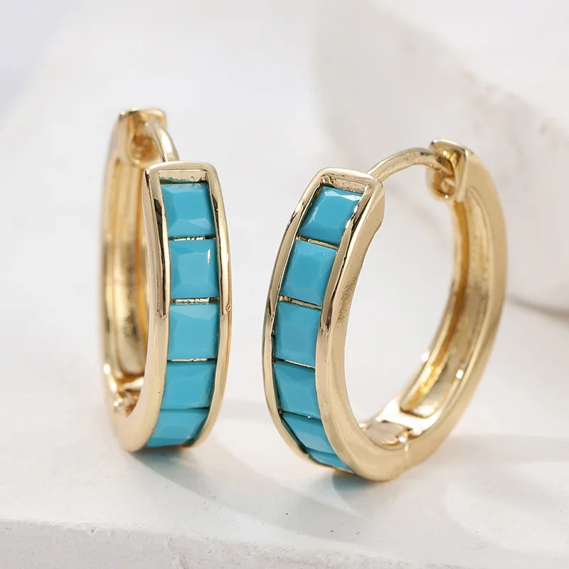 Synthetic Blue Square Turquoise Cute Hoop Earrings for Women Korean Fashion Circle Geometric Huggie Men Women Jewelry Christmas