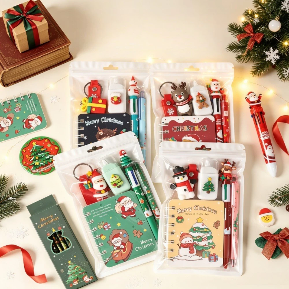 5Pcs Christmas Stationery Set Santa Reindeer Pens A7 Notebook Correction Tape Keychain Gel Pen 4-Color Pen Xmas Student Gift