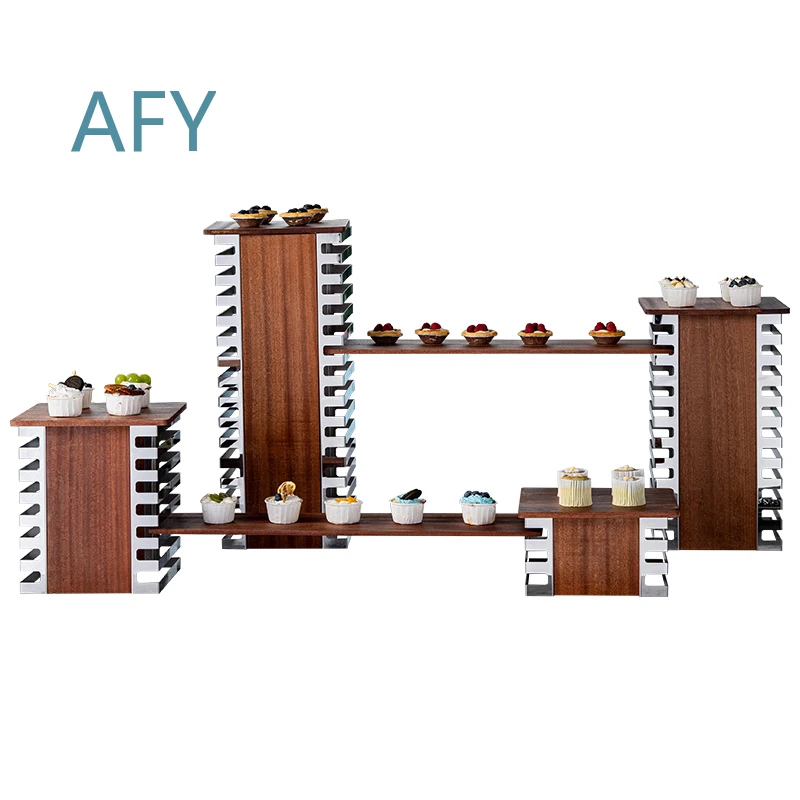 New Chinese Dessert Table Ornament Display Stand for Cake Snack Rack Stainless Steel Buffet Cold Food Coffee Break Wooden
