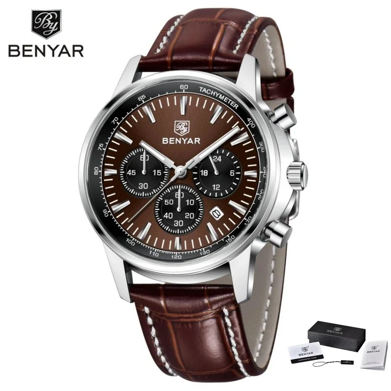 Benyar 2026 New Luxury Watches For Men Date Chronograph Lrather Man Watch Waterproof Luminous Sport Military Men's Quartz Watch