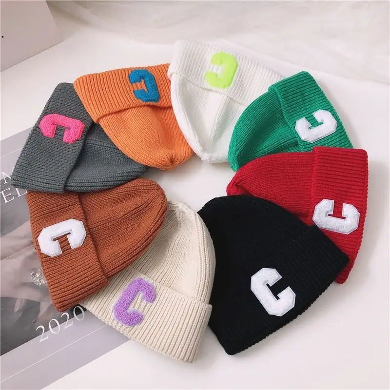 Korean version autumn and winter candy color C letter ins style children's wool hat Men and women children warm jumper knit hat