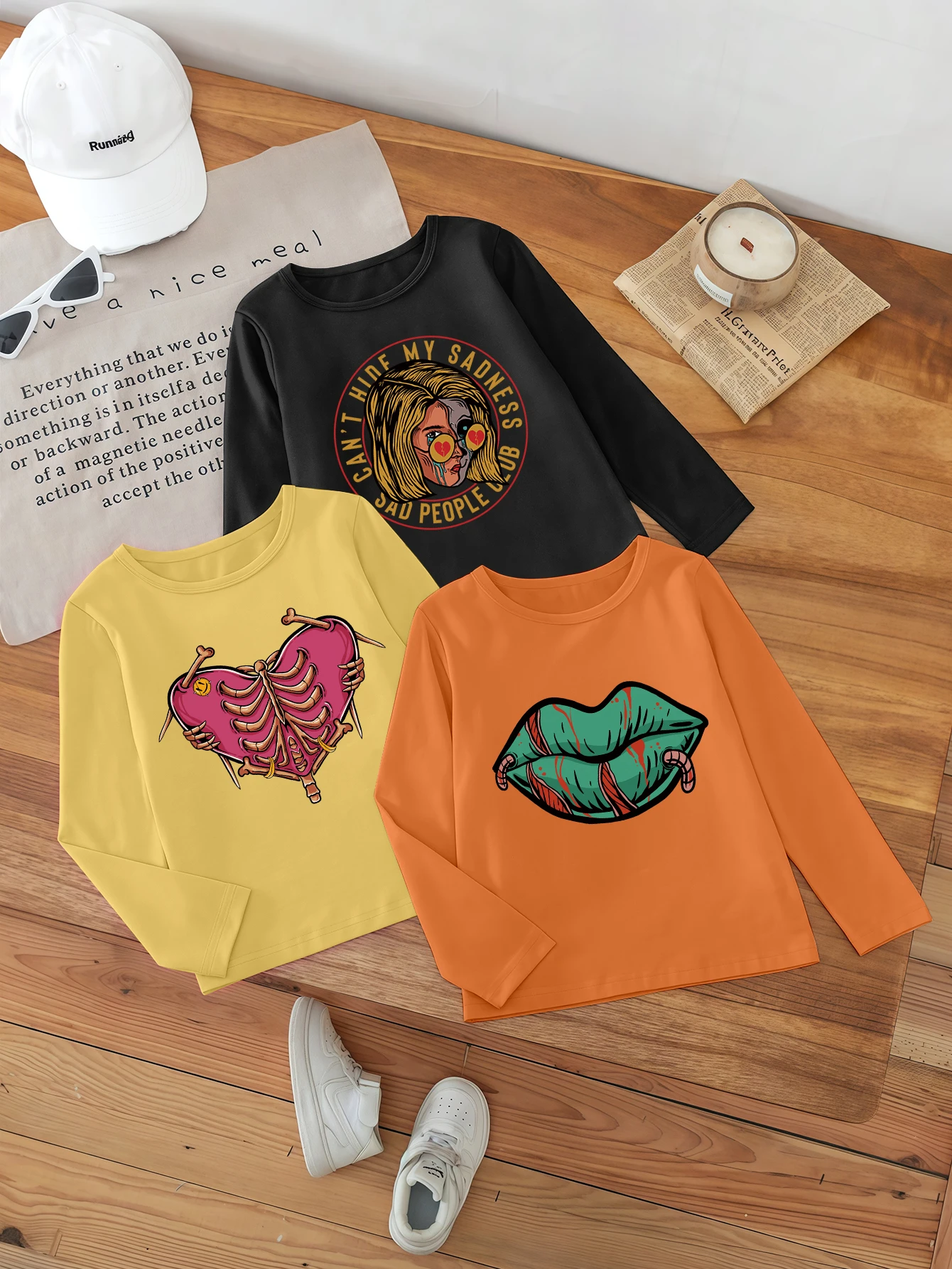 

3-х предметов, мультяшные губы, сердце, принт с узором для девочек, милая повседневная базовая рубашка для девочек