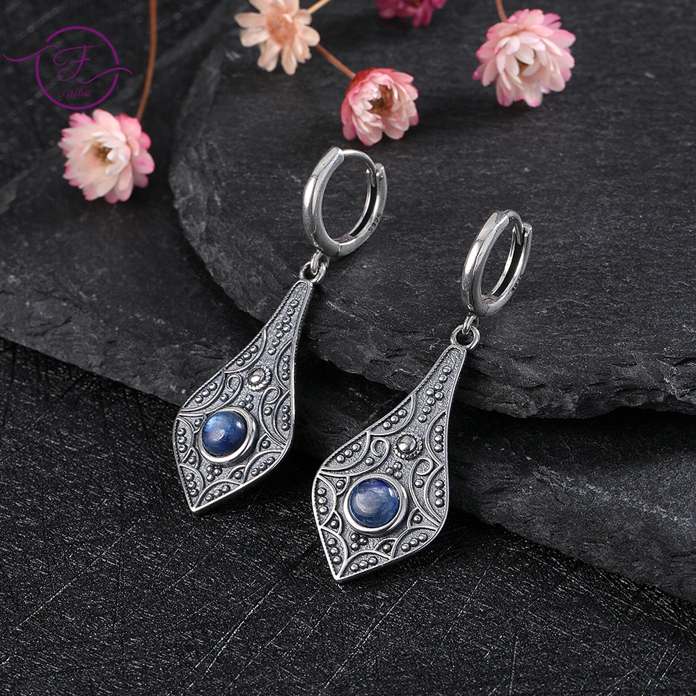 

Long Drop Earrings Jewelry 5MM Round Natural Kyanite Moonstone Silver Earring for Women Ethnic Style Trendy Wedding Party Gift