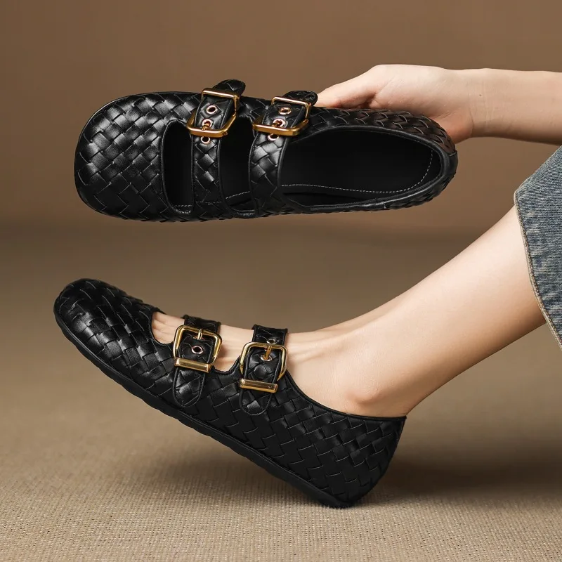 2025 new women's shoes woven cow belt buckle with round head, high height, low heel, flat bottom, shallow mouth large size shoes view 4