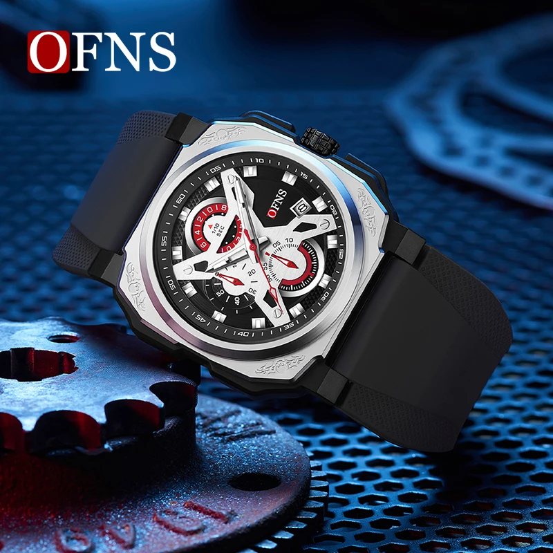 OFNS 8022 Watches Mens Quartz Top Brand Luxury Automatic Date Silicone Waterproof Sport Military Chronograph Wristwatch for Men