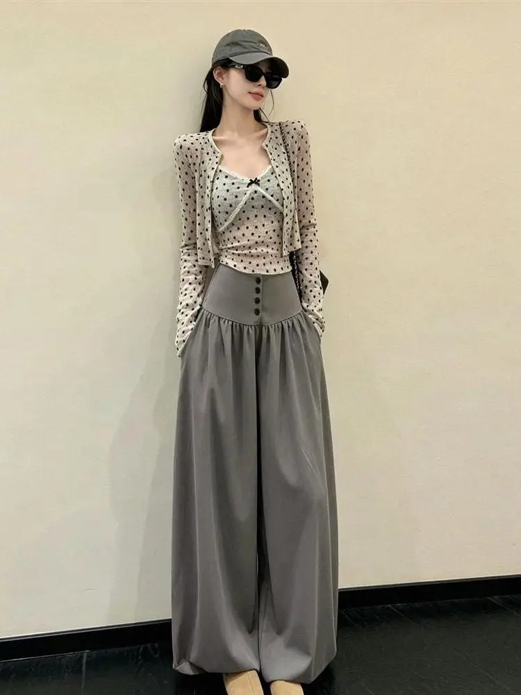 Polka Dot Wrap Cardigan Strap Wide Leg Pants Women's Complete Set Summer Super Popular Beautiful Fashionable Two Piece Set