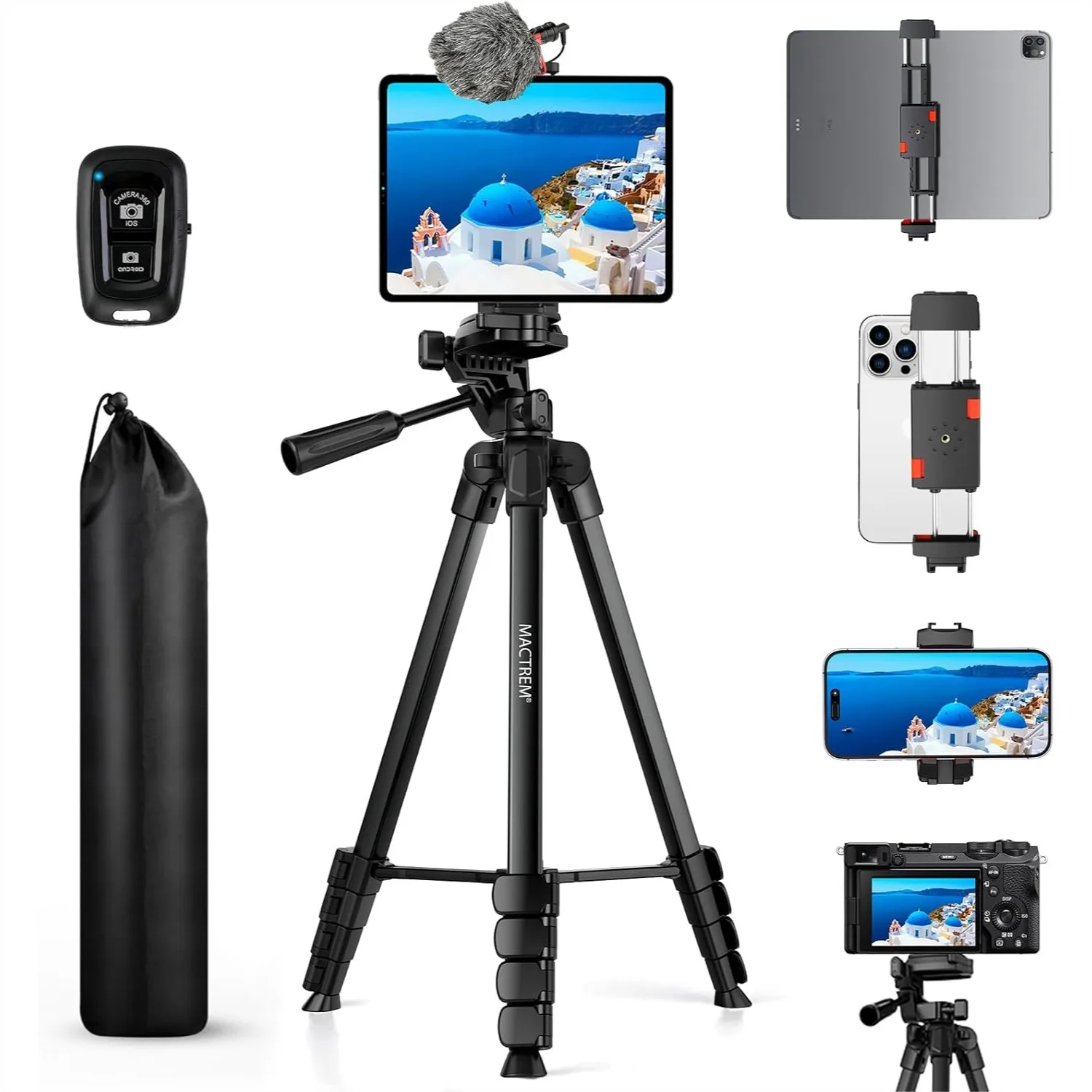 

67" Phone Tripod for iPad & iPhone with Remote, Aluminum Extendable Stand for Video Recording and Selfies