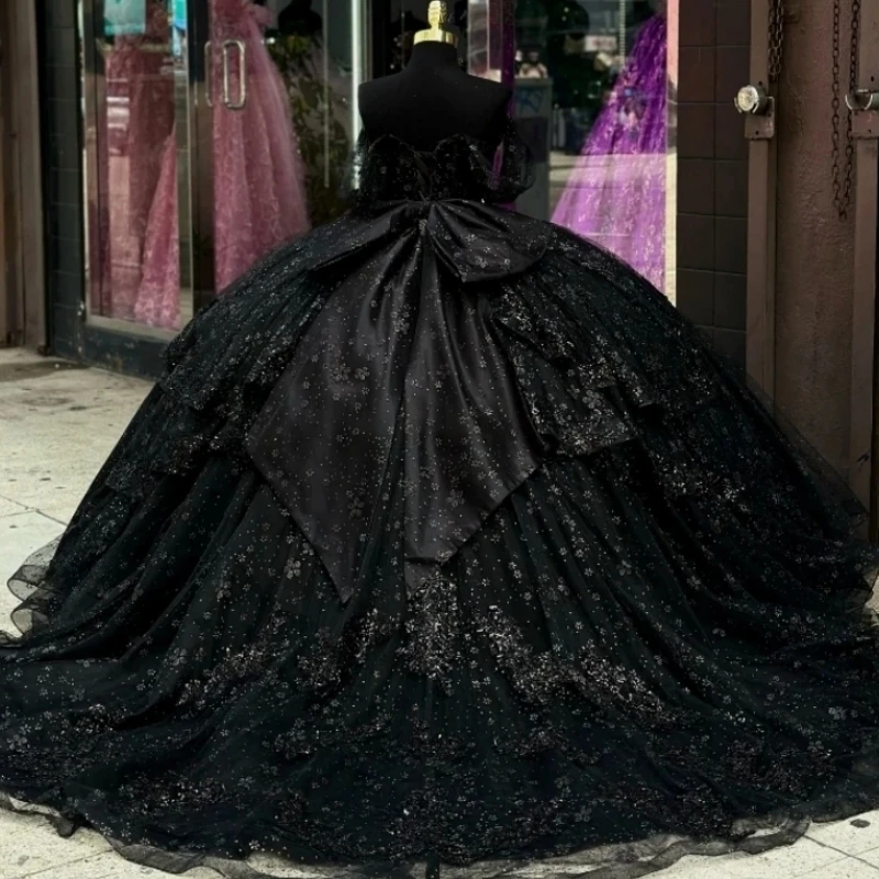 Disesuaikan Gotik hitam wanita Prom gaun dansa gaun bola bahu terbuka busur Vestido De xv Anos manis 15 16 gadis Quinceanera pesta