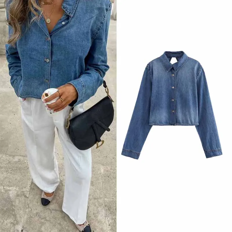 

TRAF Lace-Up Backless Denim Women Shirts Long Sleeves Turn-Down Collar Lady Blouse 2024 Summer Casual Fashion Lady Shirts