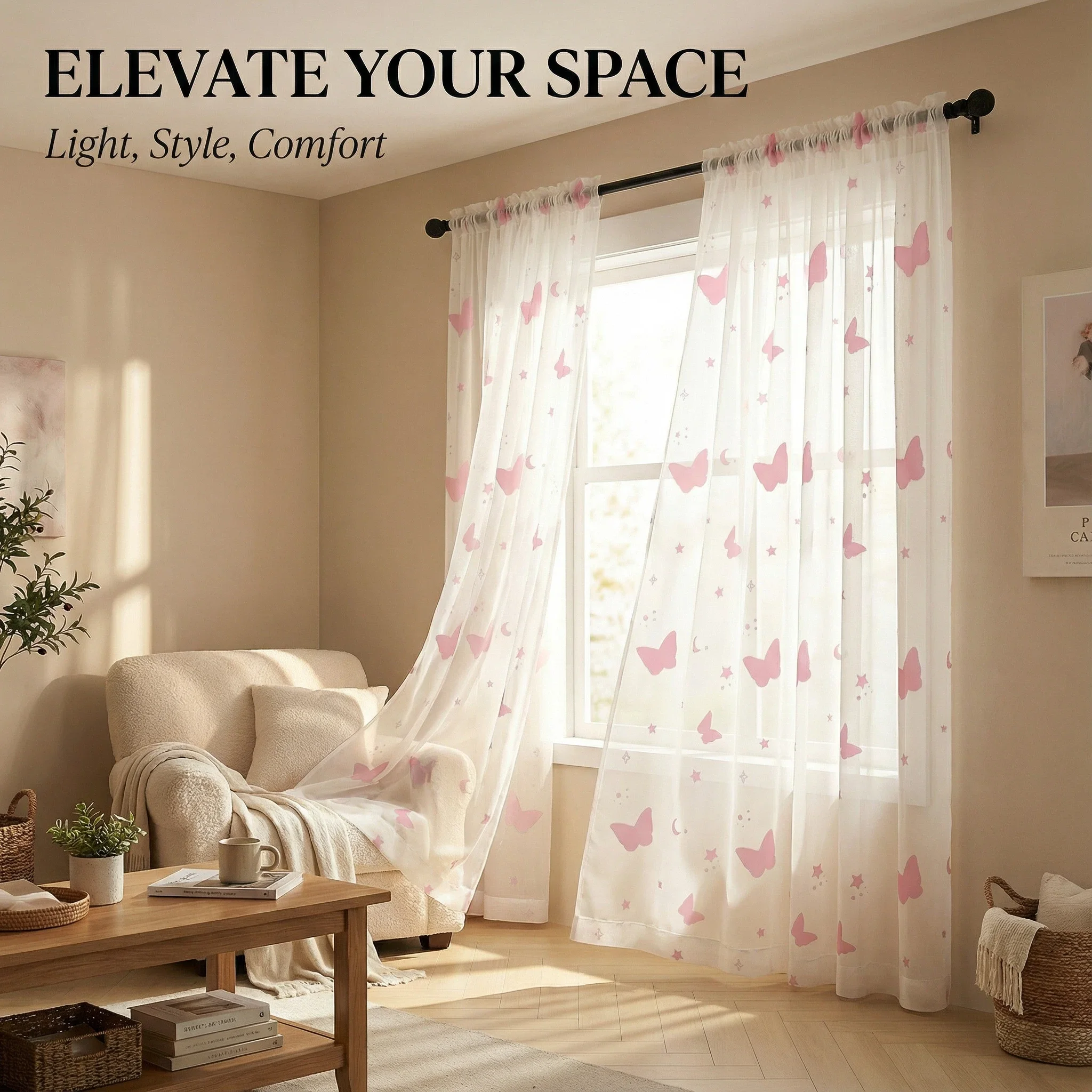 Mother's Day 70% Light Filtering Privacy Sheer Curtain for Living Room Bedroom Study Butterfly Star Print Sheer Curtain, Remova - view 6