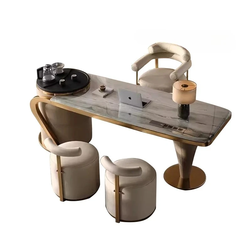 

Natural luxury stone tea table and chair combination light luxury high-end villa tea balcony book tea table integrated