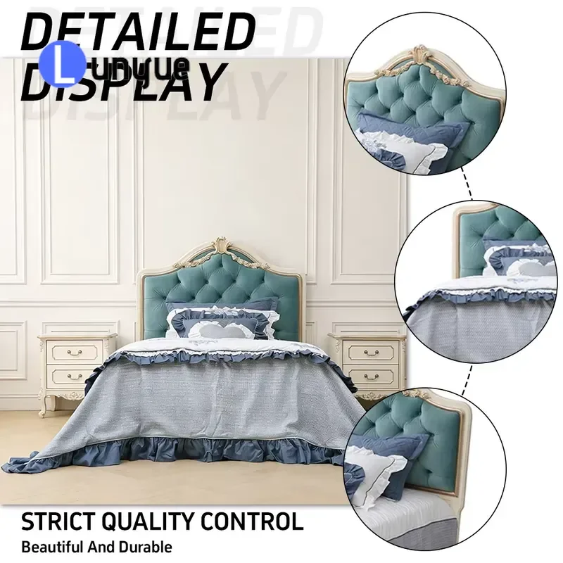 Elegant French Style Plush Teal Tufted Headboard Classical Antique Hand Carved King Size Double Bed Luxury Bedroom Furniture