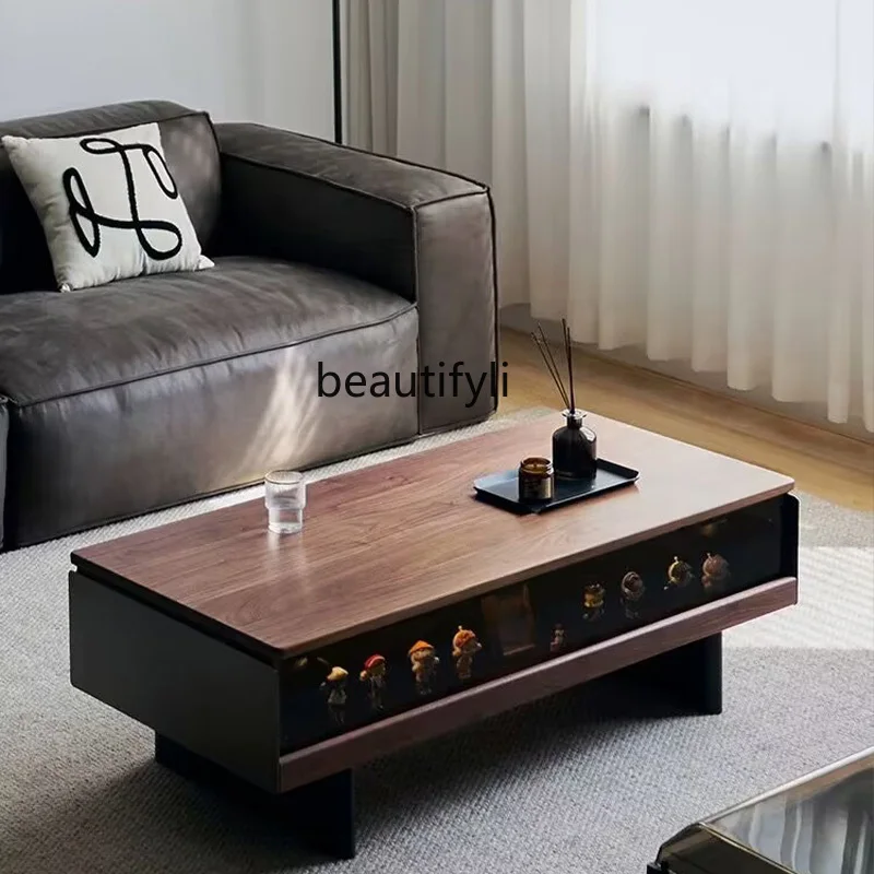 

Nordic Black Walnut Stone Plate Display Creative Modern Coffee Table Living Room with Light