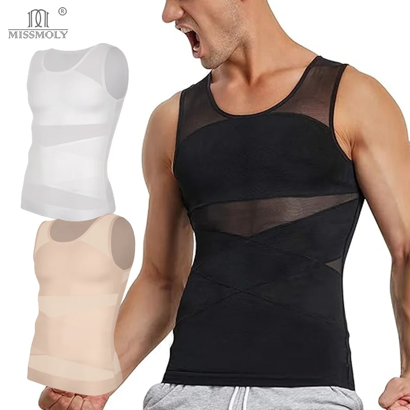 Men Compression Shirt Cross Breathable Mesh Undershirt Slimming Body Shaper Tummy Control Tank Top Sleeveless Shapewear Vest