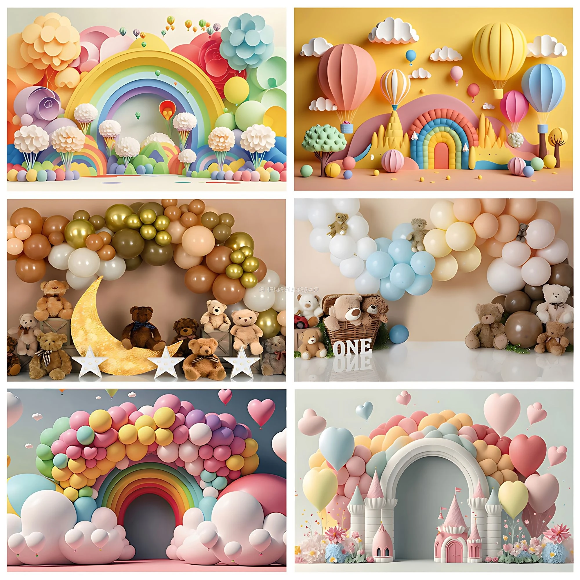 بالون ملون الطفل سنة واحدة عيد ميلاد صورة خلفيات للتصوير الفوتوغرافي اللعب الدب الزهور غرفة داخلية صورة خلفية QQ-01
